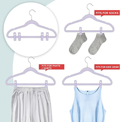 Tinfol Velvet Hanger Clips, 50Pcs Light Purple Strong Finger Flocked Clips, Large Opening Clip, Pants Velvet Clip for Thin Clothes Hangers - color: Light Purple, size: 50PC