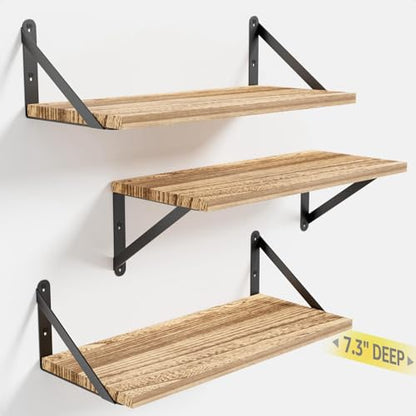 COCOYA Wall Shelves 7.3" Deep Solid Paulownia Wood (Light Brown, Set of 3) - color: Carbonized Black, Set of 3