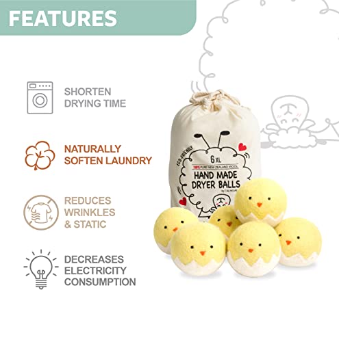 Calindiana 100% Organic Premium New Zealand Wool Dryer Balls Laundry Reusable Fabric Softener, Cute Dryer Sheets Alternative, Anti Static XL Size 6 Pack, Yellow Chick - color: Yellow