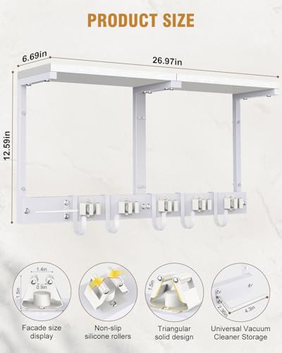 Large Broom Holder Wall Mount with Shelf, Vacuum Organizer, 5 Slots 5 Hooks - color: White, size: Large