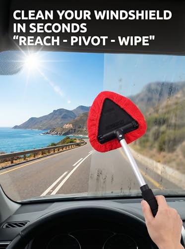 TAKAVU Window & Windshield Cleaner, Extendable, 3 Microfiber Pads (Red) - color: Red