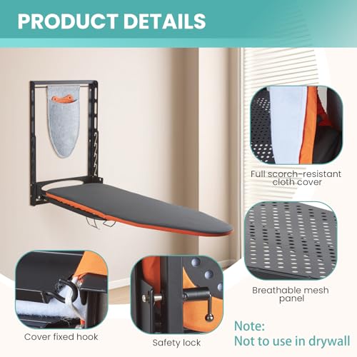 Seiritex Wall Mounted Ironing Board with Iron Holder, 36x13 Compact Mount Foldable Ironing Board for Small Spaces, Space Saving with Cotton Fabric Cover and Silicone Iron Rest - size: 13x36 inches