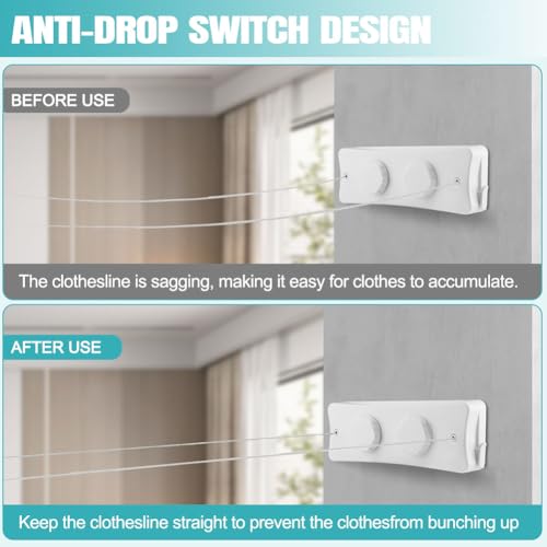 16.7 Ft Retractable Clothesline Indoor & 20Pcs Clothespins, Non-Sagging Wall Mounted Wire Double Clothes Lines, Retracting Outdoor Heavy Duty Clothes Line, for Balcony, Courtyards