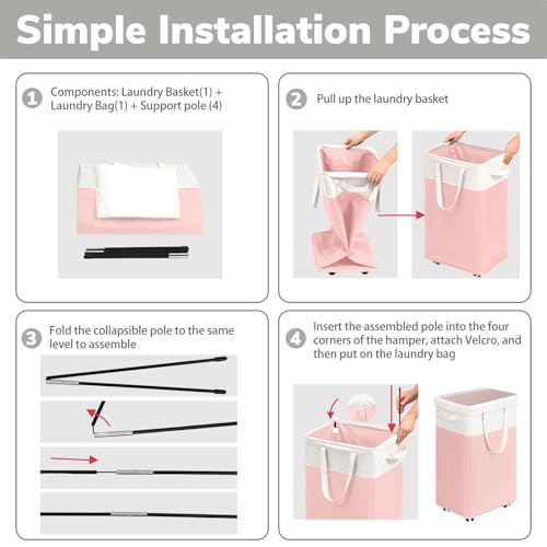 Goodpick 2-Pack Laundry Hamper with Wheels, Dorm Essentials for Girls,75L - color: Pink & White 2-Pack