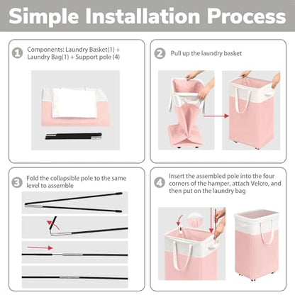 Goodpick 2-Pack Laundry Hamper with Wheels, Dorm Essentials for Girls,75L - color: Pink & White 2-Pack