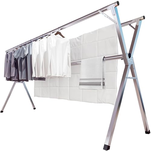 JAUREE 95 Inches Clothes Drying Rack, Drying Rack Clothing Folding Indoor Outdoor, Heavy Duty Stainless Steel Laundry Rack, Foldable Portable Large Clothes Rack Garment Rack with 20 Windproof Hooks - color: Silver, size: 95"