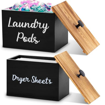 Dandat 2 Pcs Wood Rustic Laundry Dryer Sheet Holder Pod Container with Lid 8.7 x 6.3 x 6.4 Inch Laundry Pod Holder 7.3 x 3.7 x 5 Inch Dryer Sheet Dispenser Wooden Box Container(Black) - color: Black