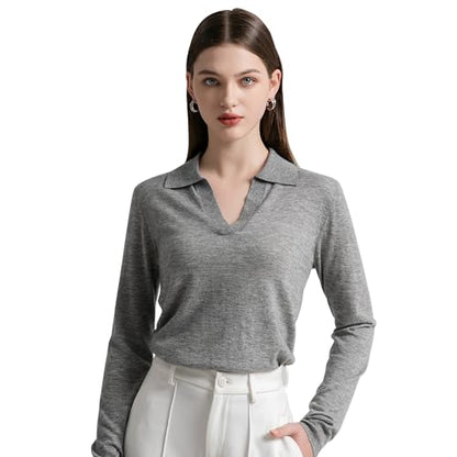 GreenMount Women's Deep V-Polo Casual Loose Cashmere Sweater Pullover Lapel Long Sleeve for Women Keep 37.5° Warm - color: Lightgrey(spring/Summer), size: Small