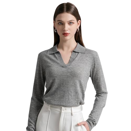 GreenMount Women's Deep V-Polo Casual Loose Cashmere Sweater Pullover Lapel Long Sleeve for Women Keep 37.5° Warm - color: Lightgrey(spring/Summer), size: Large