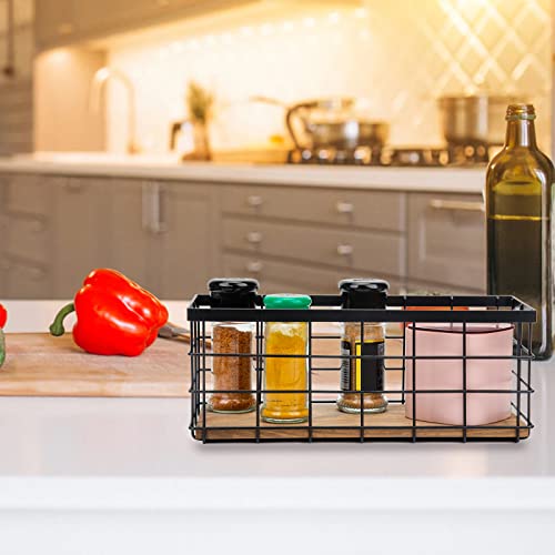 TIEYIPIN Farmhouse Small Metal Wire Storage Basket Bin, Rustic Home Storage Organizer with Wooden Bottom for Kitchen, Cabinets, Bathroom Counter, Pantry, Garage, Laundry Room - Black - color: Black, size: 1 Pack