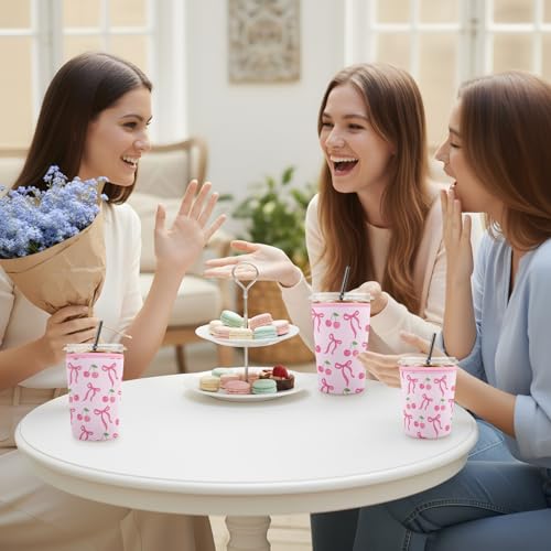 Iced Coffee Sleeve Reusable Neoprene Cup Sleeves, Cherry Bow - color: Cherry Bow