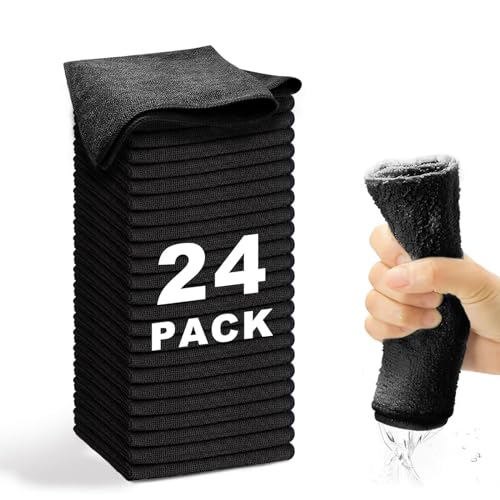 Microfiber Cleaning Cloth-24Pcs (13x13 inch) Ultra Soft Highly Absorbent Rags for Housekeeping-Machine Wash (Black) - color: Black, size: 24-Pack (13"x13"）