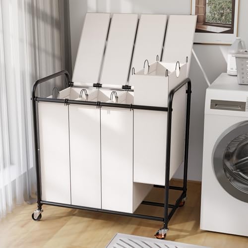 180L Laundry Sorter 4 Section with Lockable Wheels and Lid White - color: White-4 Sec, size: 48Gal