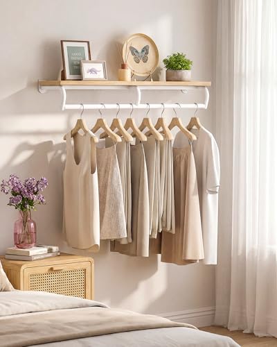 CHOEZON Wall Mounted Clothes Rack, Metal Garment Rack with Top Shelf, Laundry Storage Shelf with Hanging Rod, for Laundry Room, Bedroom, Entryway and Storage Room, Natural and White TYM02NW - color: Natural, White