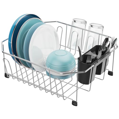 GSlife Small in Sink Dish Drying Rack - Stainless Steel for RV Kitchen - color: Silver Rack With Black Utensil Holder, size: Medium - 14.4" x 13.1" x 5.3"