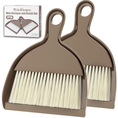 THINKLEARN 2PCS Small Dust Pan and Brush Set, Mini Broom Dustpan Kit - color: Brown