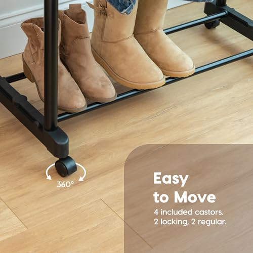 IRIS USA Portable Double-Rod Height Adjustable Clothes Rack with Extendable Bar and Lockable Wheels, Rolling Garment, Double Rod Wardrobe Rack, Easy Assemble, for Clothes, Belts, Shoes, and Bags - style: Double Extendable-Width Rods