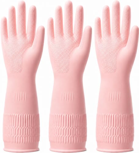 Rubber Dishwashing Gloves, 3 Pairs, Long Cuff Cleaning Gloves - color: Pink (3 Pairs), size: Small