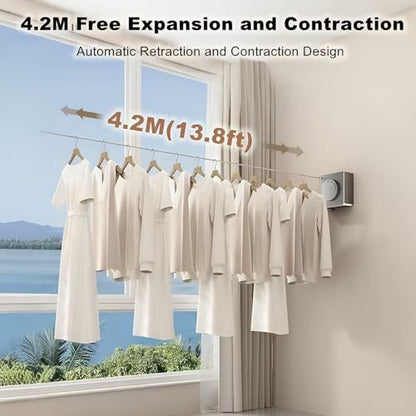13.8ft(4.2M) Retractable Clothesline, Non-sag Clothesline, Indoor & Outdoor Heavy Duty Retractable Clothesline, Wall Mounted Stainless Steel Washing Line (Gray)