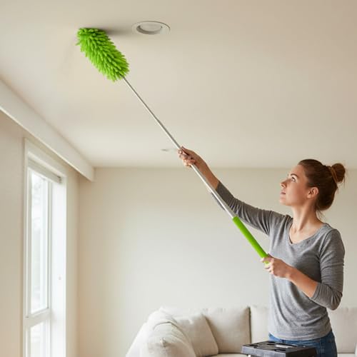 Microfiber Feather Duster with 29 in Telescoping Pole and Bendable Head for Ceiling Fans, Ceilings, Blinds, Furniture and Cars, Green - color: Green