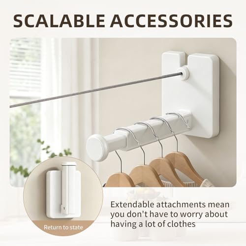 Anti-Sag Retractable Clothesline 40LB Capacity - 201in Stainless Steel Laundry Line for Indoor Outdoor, Wall Mounted Space Saving Easy Install (White, with Pole) - color: White, size: With pole