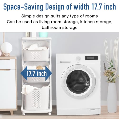 Japard 18 Gal Rolling Laundry Hamper Ultra Slim, Vertical 3 Sorter Cart with Wheels and Breaks, 3-tier Baskets Detachable for Dorm, Closet, Easy Assembly White Gray