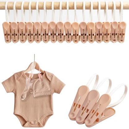 MtBoi Windproof Clothes Pins with Hanging Ropes, Heavy Duty Plastic Laundry Clips for Clothesline Drying, Multi-Purpose Closet Organizer for Baby Socks, Boots, Crafts (15, Brown) - color: Brown