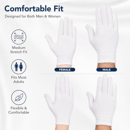 12 Pairs White Cloth Gloves, Soft Breathable Stretch Gloves for Jewelry, Coin Handling, Inspection, Photography, Serving, Costume, and Light Work,L size