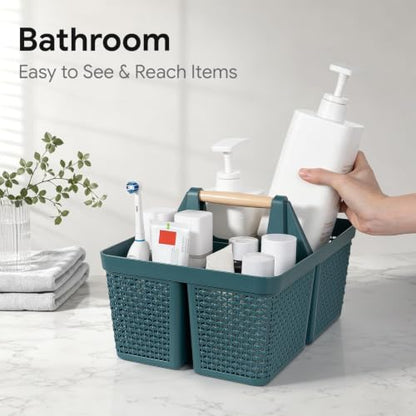 Portable Plastic Shower Caddy Basket with Wooden Handle, Bluish Green - color: Bluish Green