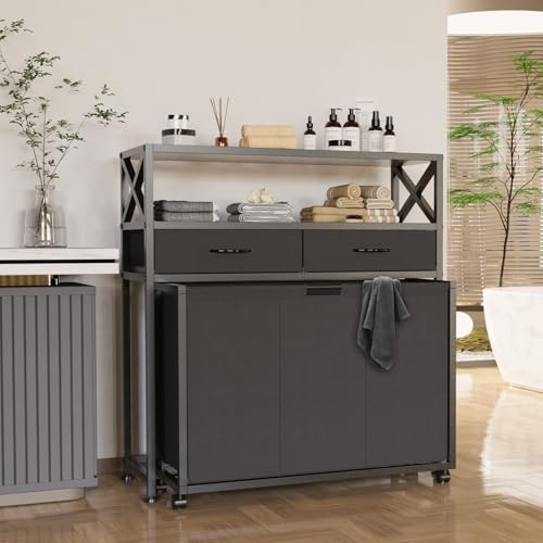 150L Laundry Sorter Hamper 3 Section with 2 Shelves & 2 Drawers - color: Black, size: 150L