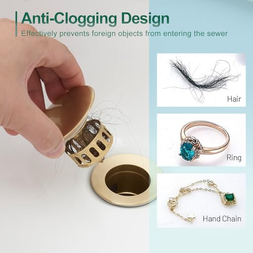 VOTON Brushed Gold Pop Up Bathroom Sink Drain with Overflow Assembly with Strainer Lavatory Vanity Vessel Pop Up Drain Stopper - color: Brushed Gold, size: With Overflow