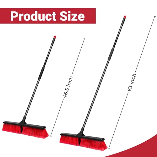 24" Push Broom with 63" Long Handle, Heavy Duty Broom for Floor Sweeping, Stiff Bristles Broom Brush for Workshop, Garage, Concrete, Patio and Deck