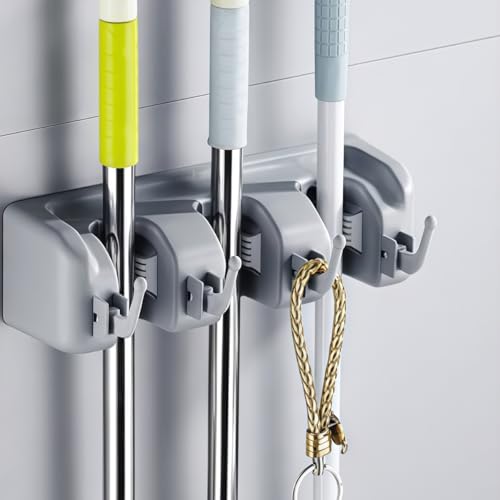 1 PCS Rectangular Heavy-Duty Wall-Mounted Broom/Broom Rack for Home, Garage, Garden, Laundry, or Kitchen 3 Shelves, 4 Hooks - color: white-01