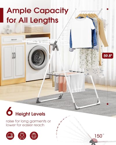 Sakugi Clothes Drying Rack, 55.5" Adjustable Wings, Foldable Design - color: White & Gray, size: Large (55.5"L x 22.8"W x 36.6"H)
