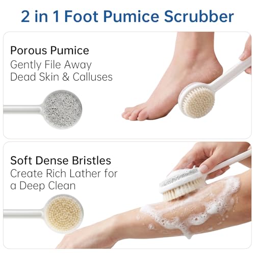 Foot Scrubber with Pumice Stone & 2 Pcs Toe Cleaning Brush, Long Handle Callus Remover for Feet, Toe Cleaning Brush for Dead Skin, Shower Foot Brush for Seniors, Elderly, Men Women (Include 4 Hooks)