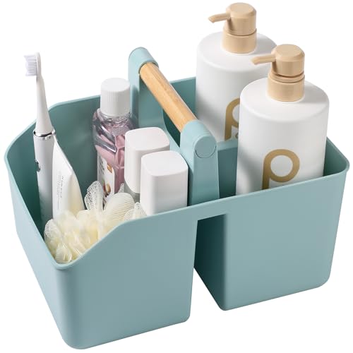 rejomiik Plastic Shower Caddy, Portable Basket with Bamboo Handle, Blue - color: Blue