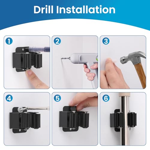 Broom Holder Wall Mount, 4PCS Broom Hanger Wall Mount, Stainless Steel Heavy Duty Mop Holder Broom Mop Hanger Wall with Screws, Garden Outdoor Tool Organizer Rack Broom Hanger (Black)