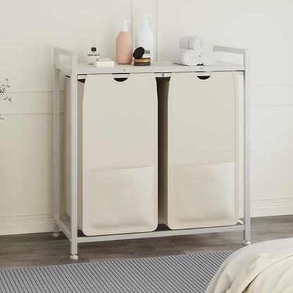 Laundry Sorter, 2 Section, 26.8x13x28.5 Inch - size: 2 Bags-97L / White + Beige