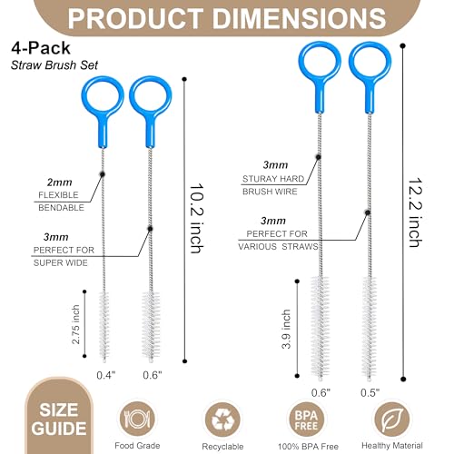 Straw Cleaner Brush Set Include 2 Size(12+10 Inch),Straw Brush Cleaner with 3mm Thick 304 Steel Wire,Straw Cleaning Brush for Baby Bottle,Stanley Straw Cleaner Brush for 20/30/40oz Stanley Cups.