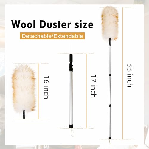 Lambswool Duster Extendable 31-55 Inch, Natural Electrostatic Feather Duster for Cleaning with Aluminum Extension Pole Reusable for High Ceilings, Fans, Blinds, Furniture, Interior & Roof Dusting - size: 31-55 Inch