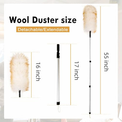 Lambswool Duster Extendable 31-55 Inch, Natural Electrostatic Feather Duster for Cleaning with Aluminum Extension Pole Reusable for High Ceilings, Fans, Blinds, Furniture, Interior & Roof Dusting - size: 31-55 Inch