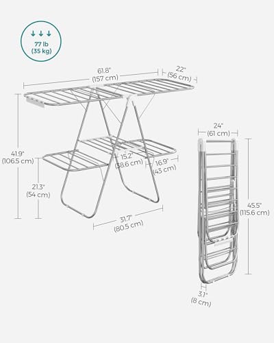 SONGMICS Clothes Drying Rack, Foldable 2-Level Stee Laundry Drying Rack - color: Silver + White, size: 2 Tiers（22"d x 61.8"w x 64.3''h )