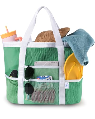 Genteen 40L Mesh Beach Bag, Foldable Sandproof Tote with Waterproof Pocket Quick Dry for Women Family Pool Vacation - color: Green White