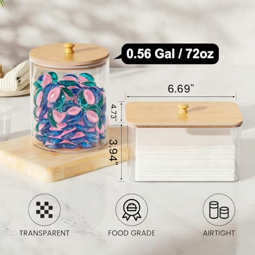 HomePekite Glass Laundry Pods Storage Container & Acrylic Dryer Sheet Holder, Laundry Room Organization and Storage, Detergent Powder Container, with Wooden Lids & Labels, 2+1 Pack - color: Bamboo