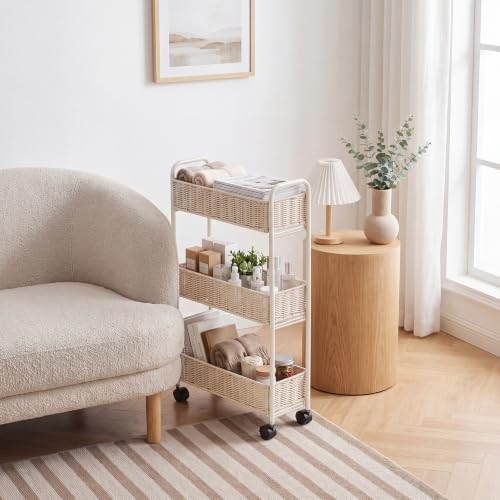 FOCHIER F Utility Slim Storage Cart,3-Tier Rolling Kitchen Office Laundry Room Cart with Wheels,Mobile Shelving Unit Organizer for Living Room,Bathroom, Baby Diaper,Art,Dining Room Narrow Places - color: White Wash