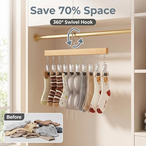 Pure Wood Rotating Closet Organizer with 12 Clips, Legging Hangers for Closet Organizer- 360 Rotating Metal Clips with Silicone Lining, Space Saving Hanging for Jeans Skirts Socks (1)