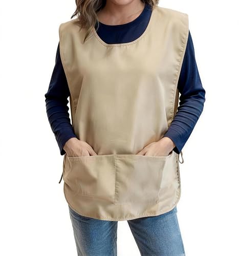 Large Smock Cobbler Apron for Men & Women, Adjustable Side Ties & 2 Pockets - color: Khaki