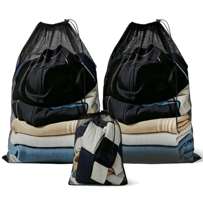 3 Pack Mesh Laundry Bags, 2 Large & 1 Small Breathable Mesh Laundry Bag, Drawstring & Tear Resistant Black Wash Bags for Home, Dorm, Travel & Camping