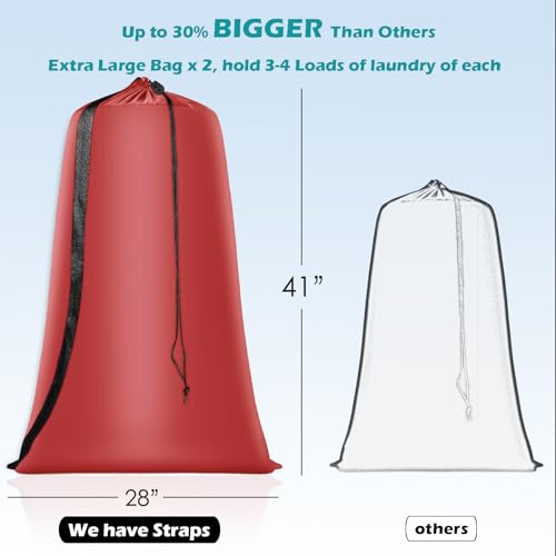 Coomee Heavy Duty Laundry Bag, 2 Pack XL Nylon Laundry Bags with Straps - color: Red, size: 41" x 28" x 1"