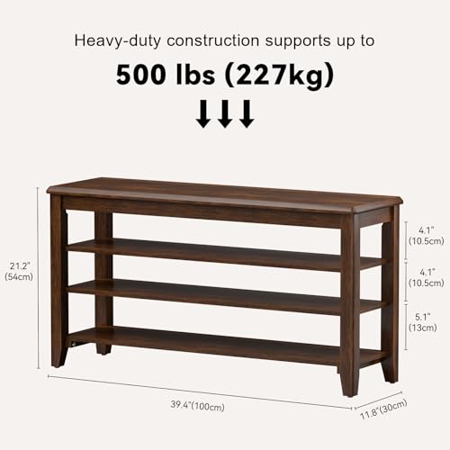 Taitiy Shoe Rack Bench with 3 Tier Adjustable Shelves Rubberwood Entryway - color: Walnut - Wood, size: 39.4''